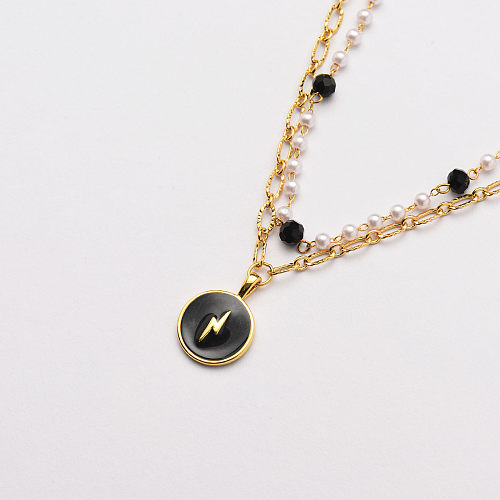 copper black round pendant with pearl  layered necklace-SSNEG142-33710