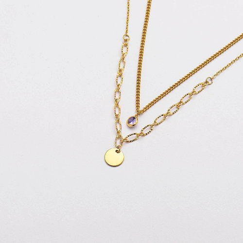 18k gold plated stainless steel round charm layer necklace-SSNEG142-33668