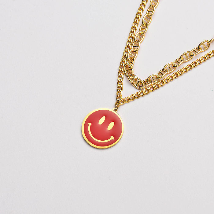 stainless steel red enamel smile pendant double chain necklace-SSNEG142-33645