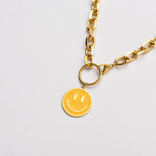 Collar de cadena gruesa con colgante de sonrisa amarilla chapado en oro de 18k-SSNEG142-33636