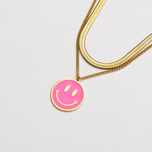 18K gold plated pink smile pendant snake chain layer necklace-SSNEG142-33654