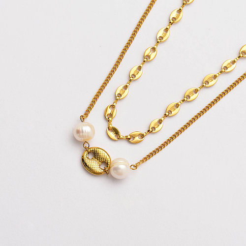 18k Gold Plated Multi Layered Necklace Pearl Necklace -SSNEG142-33796