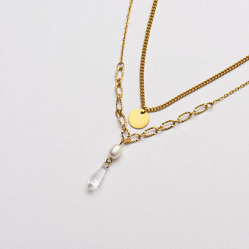 Charm de perlas naturales frescas con collar de capas de acero inoxidable cristal-SSNEG142-33679