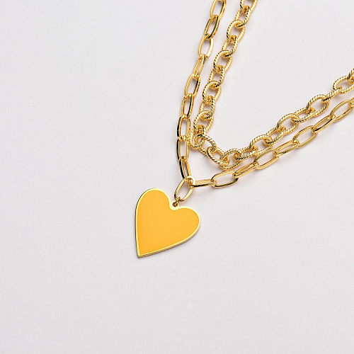 gold stainless steel yellow enamel heart pendant layer necklace-SSNEG142-33649