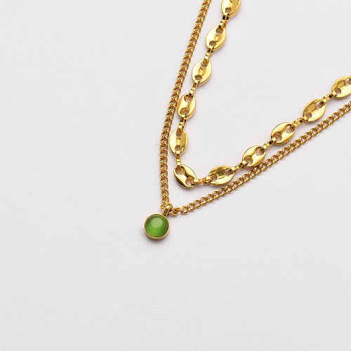 18k Gold Plated Multi Layer Necklace Gemstone Cat Eye Necklace -SSNEG142-33743