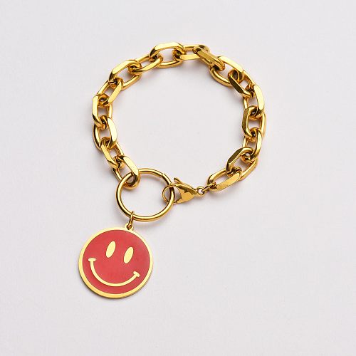 gold stainless steel smiley with red enamel round pendant bracelet-SSBTG142-33620