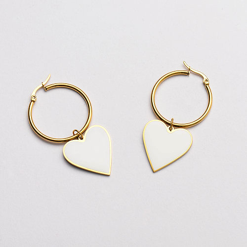 white enamel heart pendant hoop earrings-SSEGG142-33694