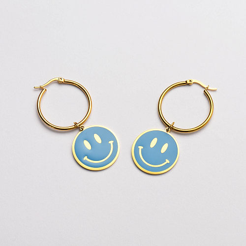 blue enamel smile pendant hoop earrings-SSEGG142-33686