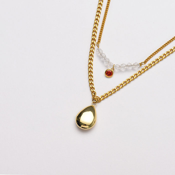 18k gold stainless steel drop water shape pendant layer chain necklace-SSNEG142-33665