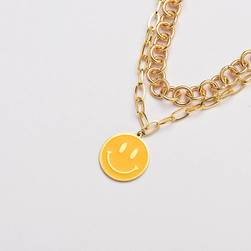 gold stainless steel smile pendant chunky chain layer necklace-SSNEG142-33647