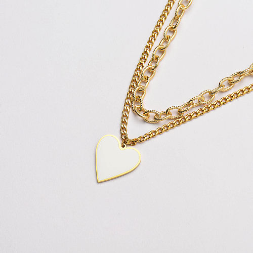 gold plated stainless steel white heart pendant layer necklace-SSNEG142-33653