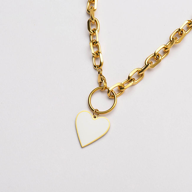 gold plated chunky chain with white heart statement necklace-SSNEG142-33635