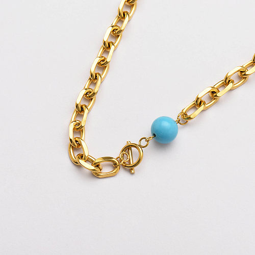 Collier de perles turquoises chaîne cubaine plaqué or 18 carats - SSNEG142-33754
