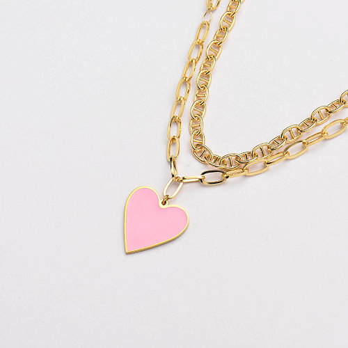 gold stainless steel pink heart pendant layer statement necklace-SSNEG142-33652