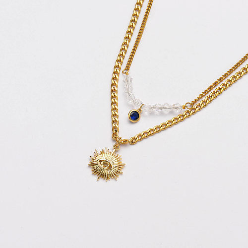 gold plated stainless steel evil eye pendant layer chain necklace-SSNEG142-33663