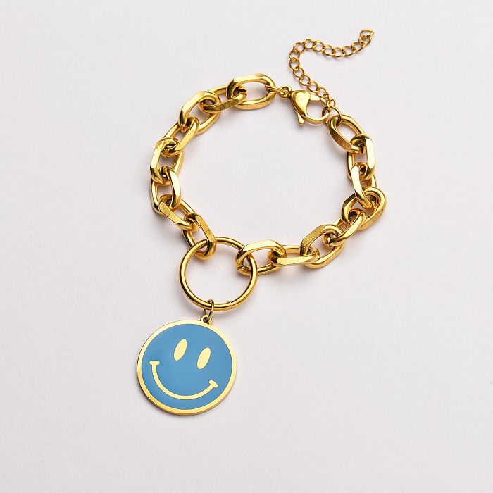 gold stainless steel smiley with blue enamel round pendant bracelet-SSBTG142-33623