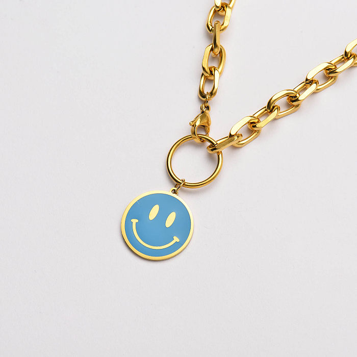 عقد سلسلة سميك مطلي بالذهب 18 قيراط على شكل ابتسامة زرقاء- SSNEG142-33640 -  Jewenoir