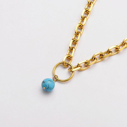 Collier de perles turquoises chaîne cubaine plaqué or 18 carats - SSNEG142-33757