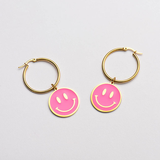 rose pink enamel smile pendant hoop earrings-SSEGG142-33688