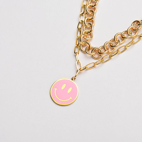 stainless steel pink enamel smile pendant double chain statement necklace-SSNEG142-33643