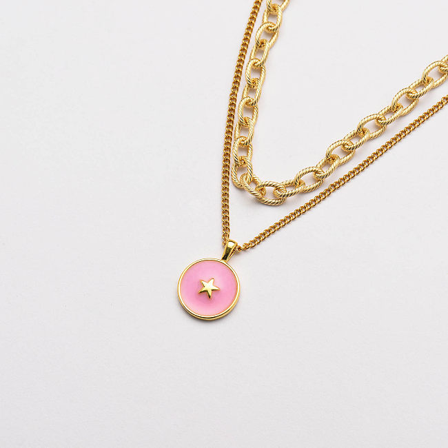 copper pink round with star pendant  layered necklace-SSNEG142-33702