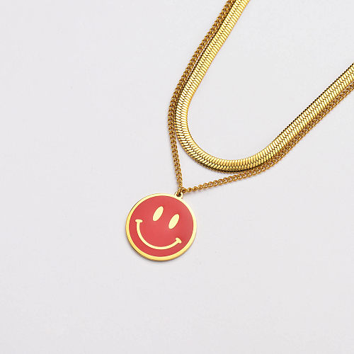 gold plated stainless steel red enamel smile pendant snake chain layer necklace-SSNEG142-33662