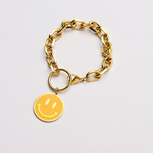 smiley en acier inoxydable doré avec bracelet pendentif rond en émail jaune-SSBTG142-33621