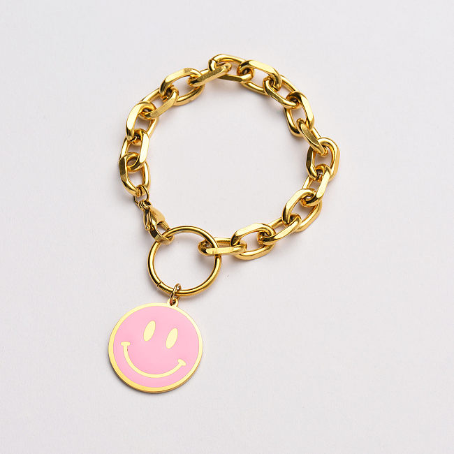 gold stainless steel smiley with pink enamel round pendant bracelet-SSBTG142-33622