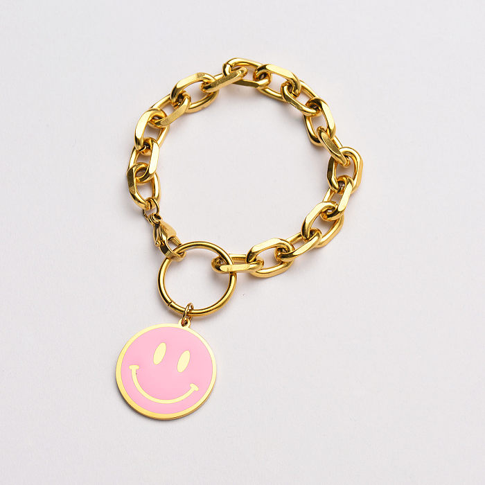 smiley en acier inoxydable doré avec bracelet pendentif rond en émail rose-SSBTG142-33622