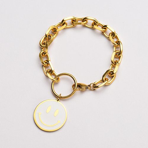 gold stainless steel smiley with white enamel round pendant bracelet-SSBTG142-33624