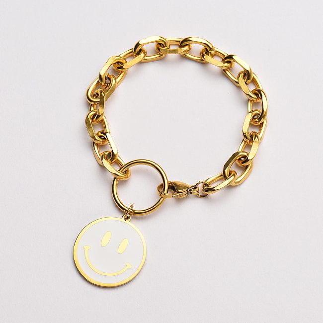 smiley de aço inoxidável dourado com pulseira pendente redonda de esmalte branco-SSBTG142-33624