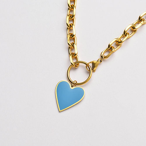 gold plated chunky chain with blue heart statement necklace-SSNEG142-33633