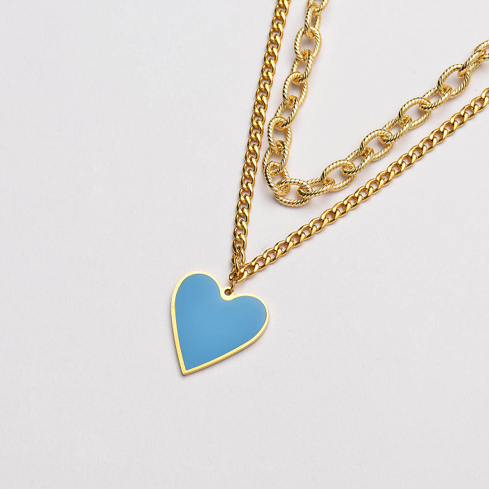 18K gold stainless steel blue enamel heart pendant layer necklace-SSNEG142-33650