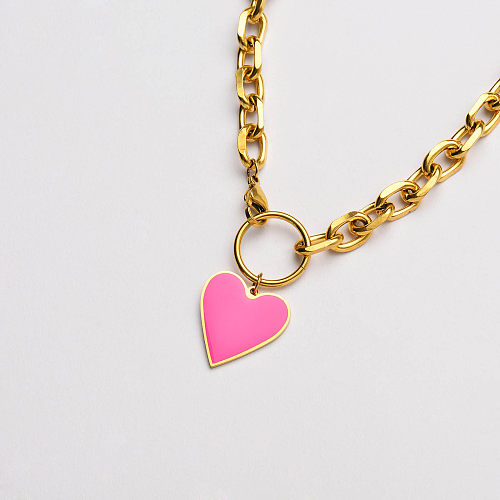 cadena gruesa chapada en oro con collar llamativo de corazón rosa-SSNEG142-33630