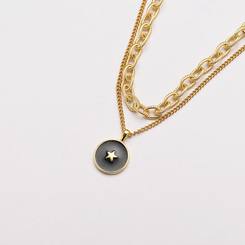 copper black round with star pendant  layered necklace-SSNEG142-33701