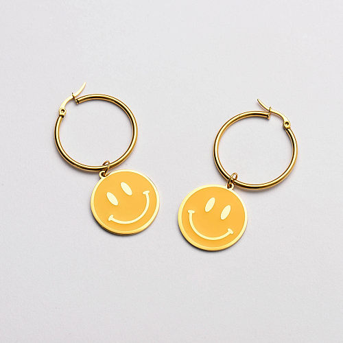 yellow enamel smile pendant hoop earrings-SSEGG142-33685