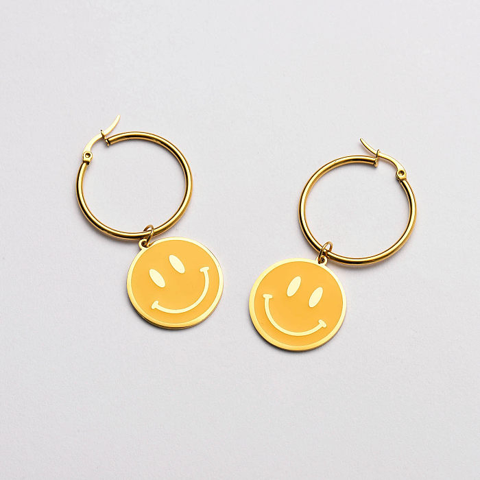 pendientes de aro con colgante de sonrisa de esmalte amarillo-SSEGG142-33685