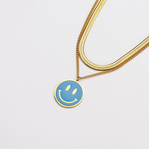 Collier double chaîne serpent pendentif sourire bleu en acier inoxydable plaqué or-SSNEG142-33661