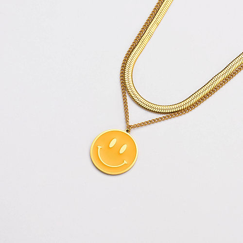 gold stainless steel yellow enamel smile pendant snake chain layer necklace-SSNEG142-33660