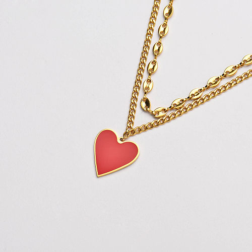 gold stainless steel red heart pendant layer necklace-SSNEG142-33648