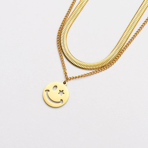 Collar Con Colgante Smiley De Cadena De Serpiente Chapado En Oro 18k -SSNEG142-33766