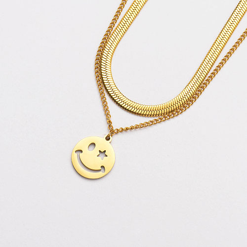 18k Gold Plated Snake Chain Smiley Pendant Necklace -SSNEG142-33766