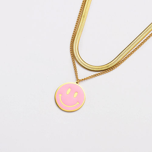 gold plated stainless steel pink smile pendant snake chain layer necklace-SSNEG142-33656
