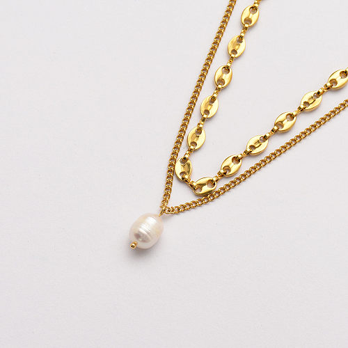 18 Karat vergoldete mehrschichtige Halskette Perlenkette -SSNEG142-33741