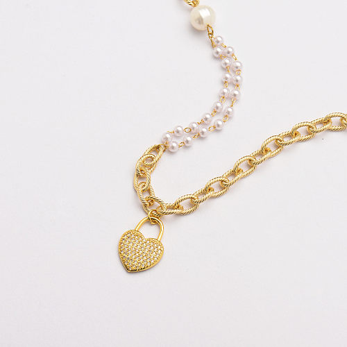 colgante de corazón de cobre dorado con collar de acero inoxidable con perlas-SSNEG142-33715