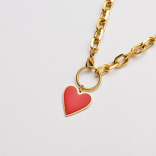 cadena gruesa chapada en oro con collar llamativo de corazón rojo-SSNEG142-33634