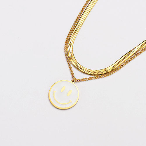 gold plated white smile pendant snake chain layer necklace-SSNEG142-33655