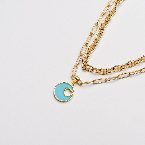 blue round with heart charm link chain necklace-SSNEG142-33698