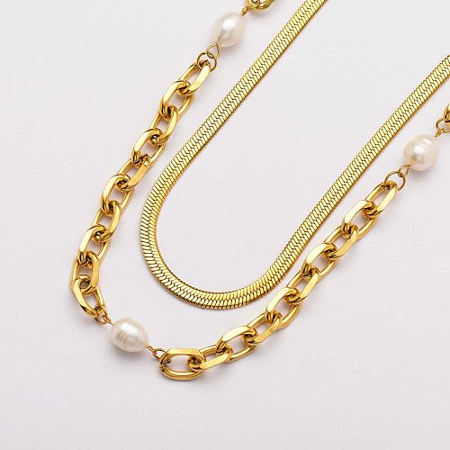 18k Gold Plated Snake Chain Pearl Necklace -SSNEG142-33762