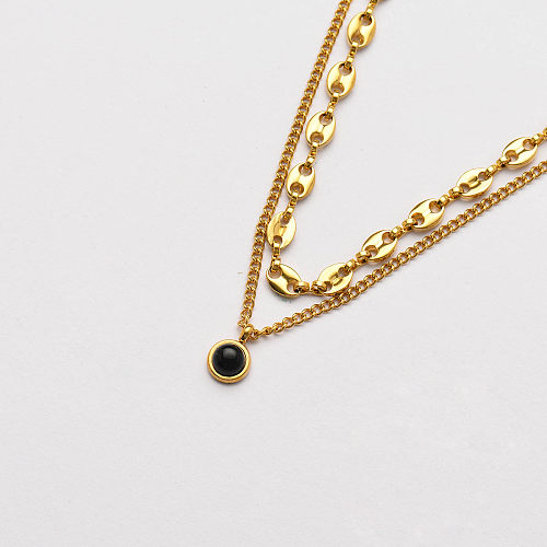 18k Gold Plated Multi Layer Necklace Gemstone Black Onyx Necklace -SSNEG142-33744